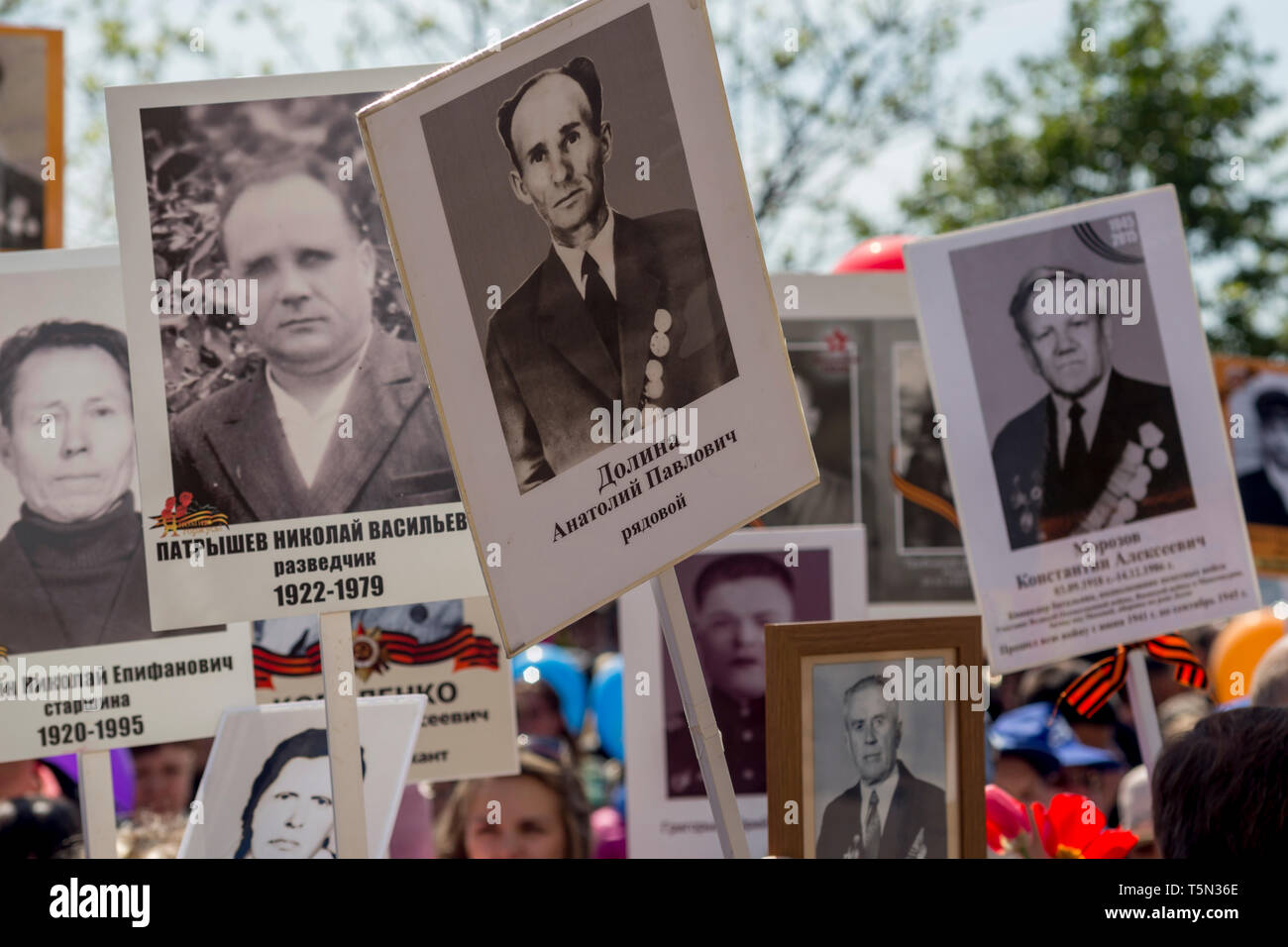 Russia, Nakhodka, 05/09/2017. Portraits of dead soldiers of Great Patriotic War between USSR and Nazi Germany. Annual event Immortal Regiment on Victo Stock Photo