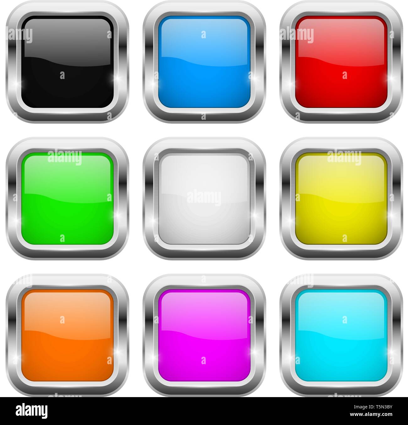 Square buttons. Glass colored icons with chrome frame Stock Vector