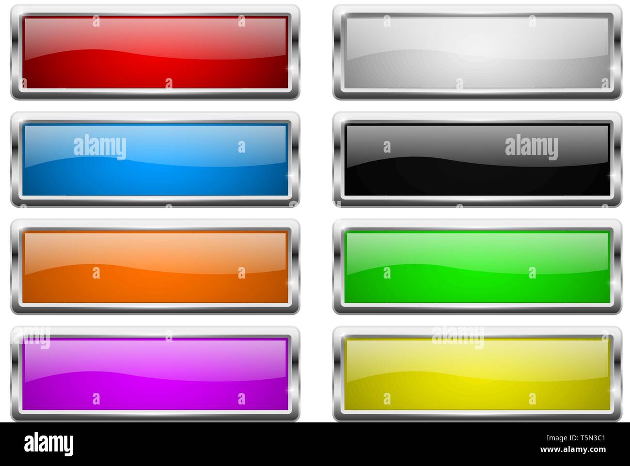 Square buttons. Glass colored icons with chrome frame Stock Vector