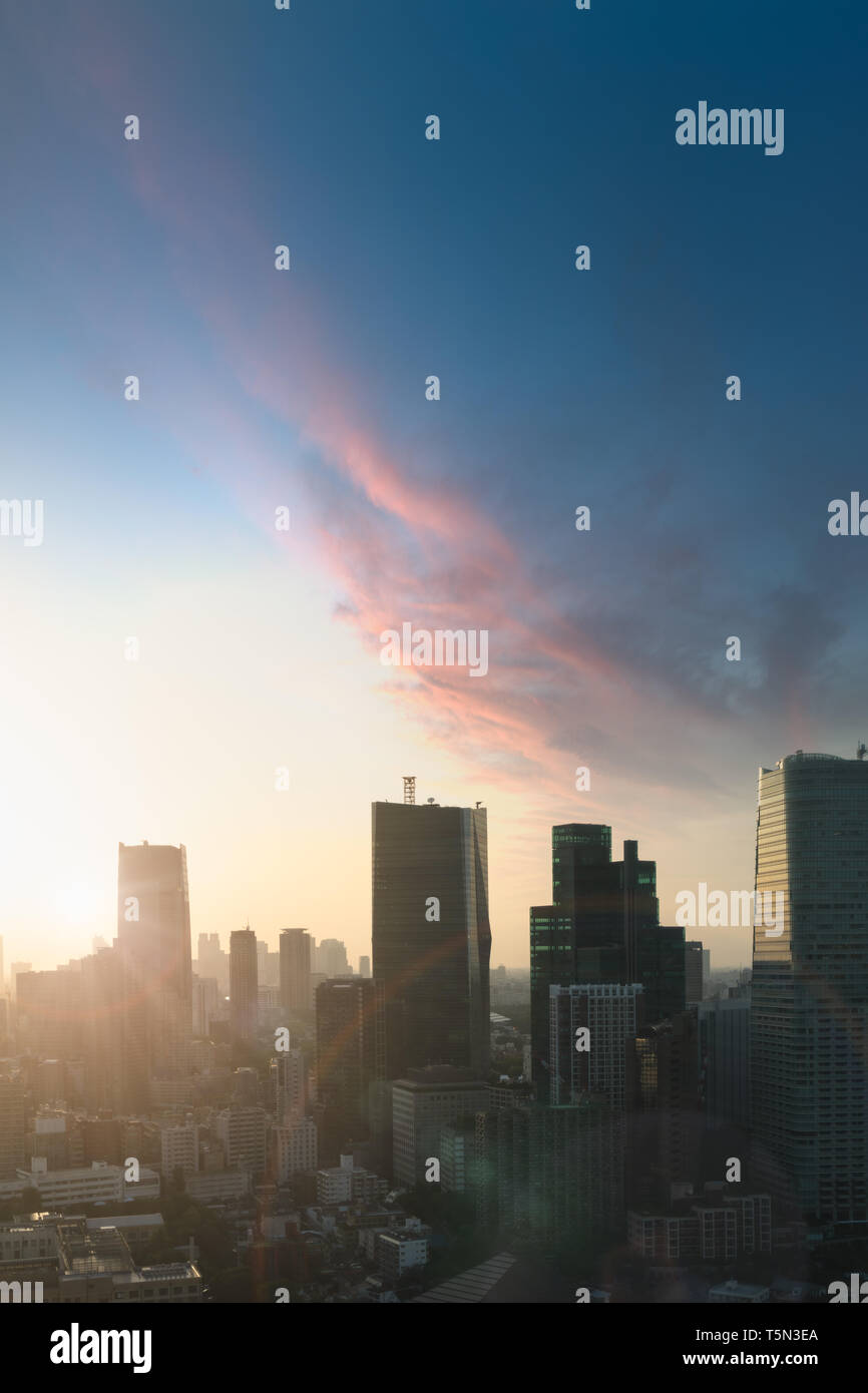 Vertical image of Tokyo skyline at sunset. Logos and trademarks removed. Stock Photo