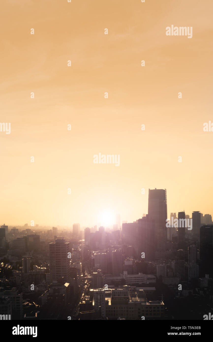 Aerial view of a city skyline at sunset with haze, Vertical image with logos and trademarks cloned out. Stock Photo