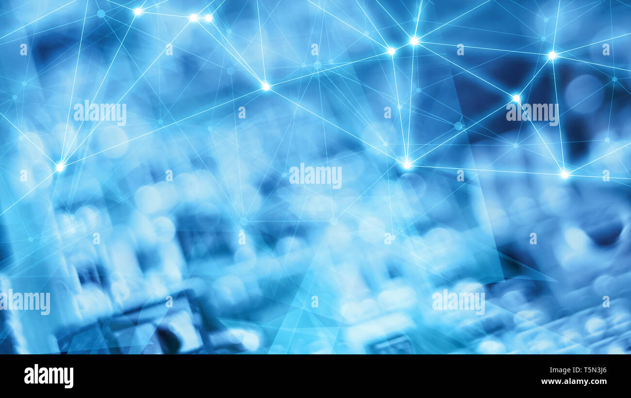 Global cyberspace cyberattacks points of focus, technology futuristic backdrop conception. Geometric triangle shape objects Stock Photo