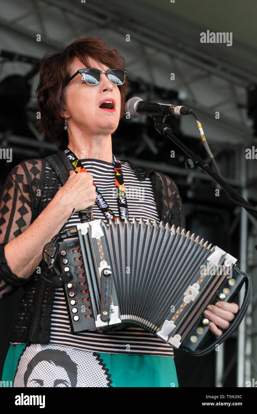 Accordion player and singer Ann Savoy of the Magnolia Sisters performing at the Womad Festival, Charlton Park, UK. July 27, 2014. Stock Photo
