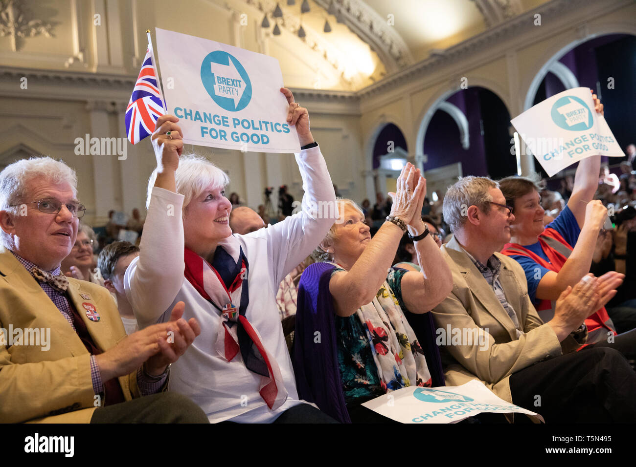 Brexit Party supporters at a rally held at Albert Hall Conference Centre, Nottingham. Nigel Farage joined by Annunziata Rees-Mogg, Richard Tice. Stock Photo