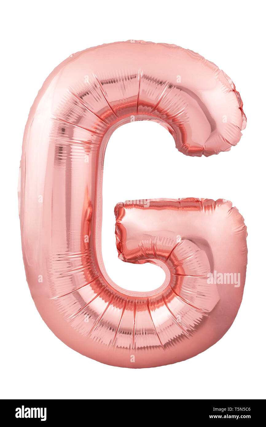 Rose gold letter G made of inflatable balloon isolated on white background Stock Photo