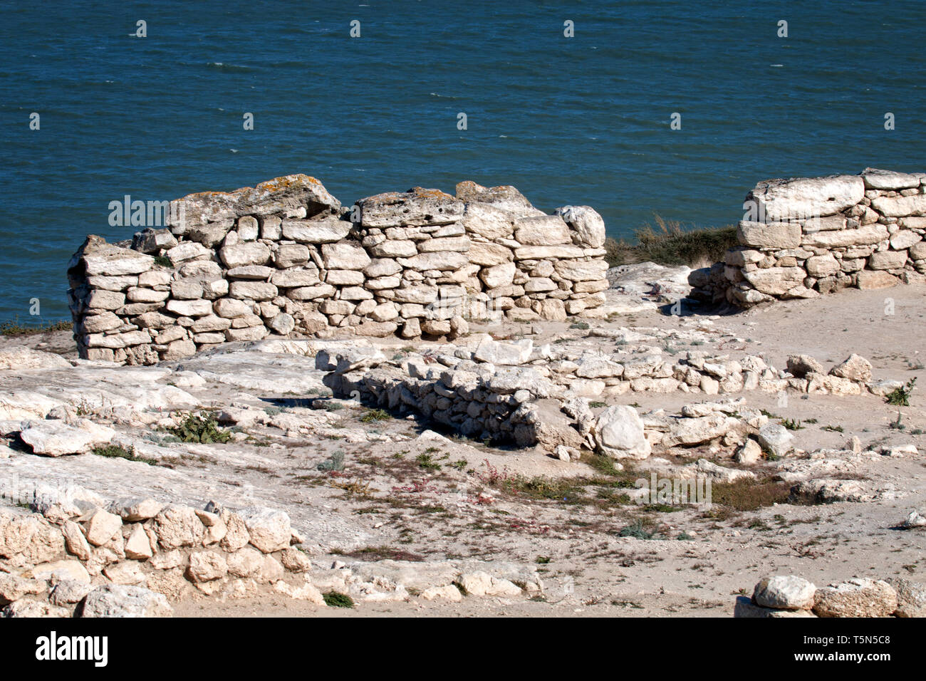 Ancient Greek Polis (Greek colonization) and Greek-Scythian settlements on the Black sea coast. Old archaeological excavations abandoned, shell rock f Stock Photo