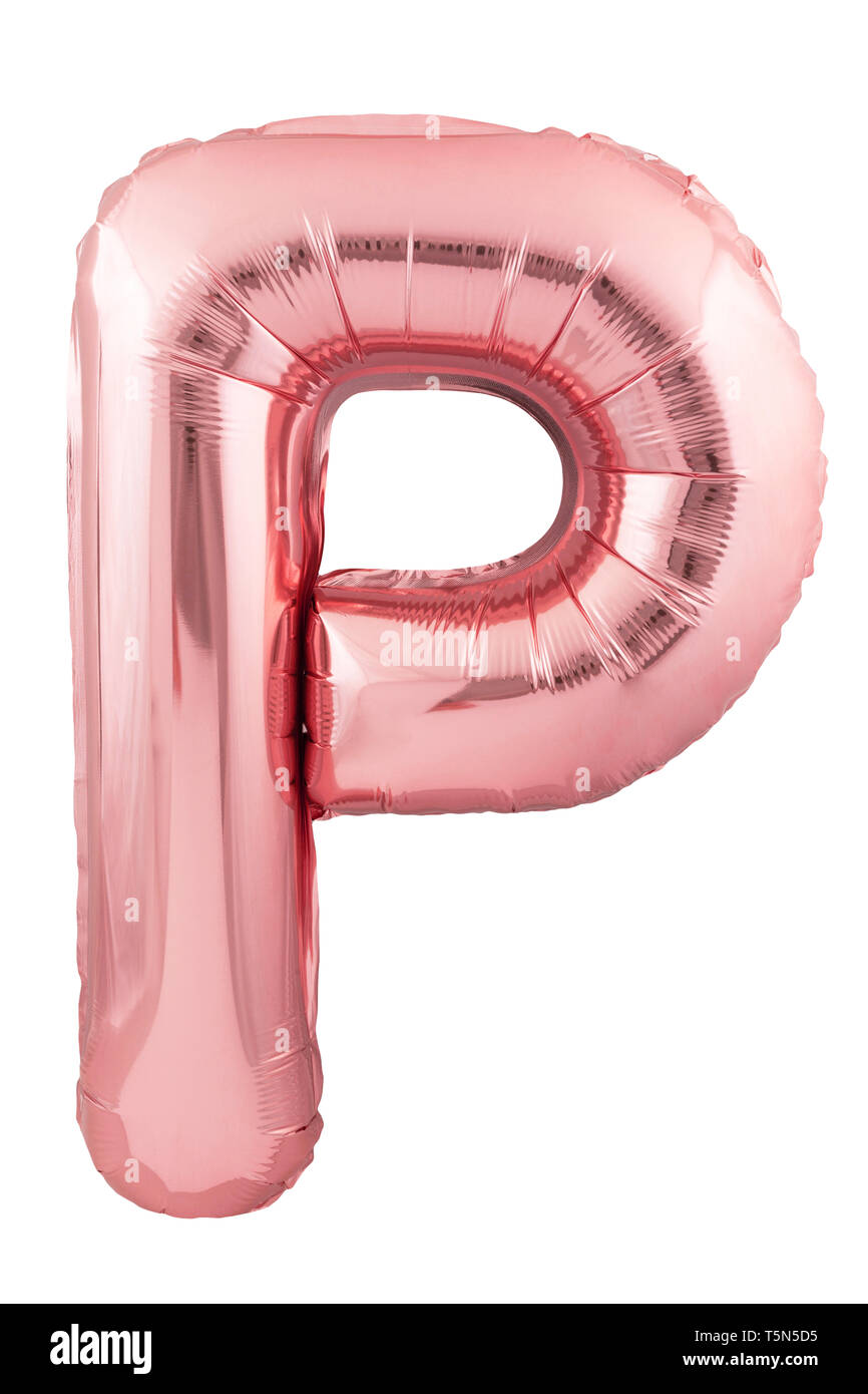 Rose gold letter P made of inflatable balloon isolated on white background Stock Photo