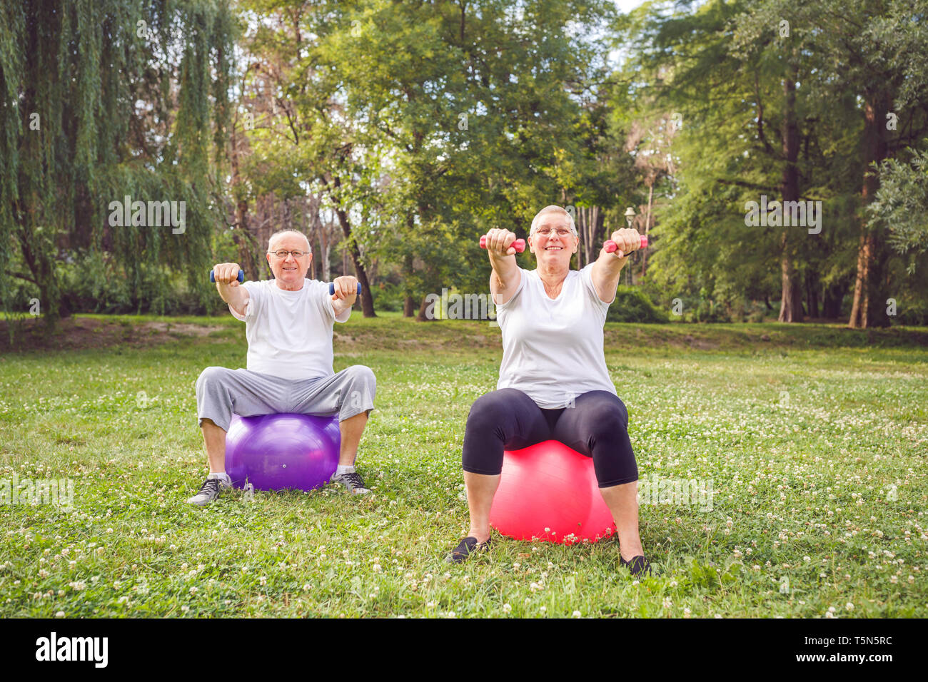 Smiling couple man and woman doing fitness exercises on fitness ball in park Stock Photo