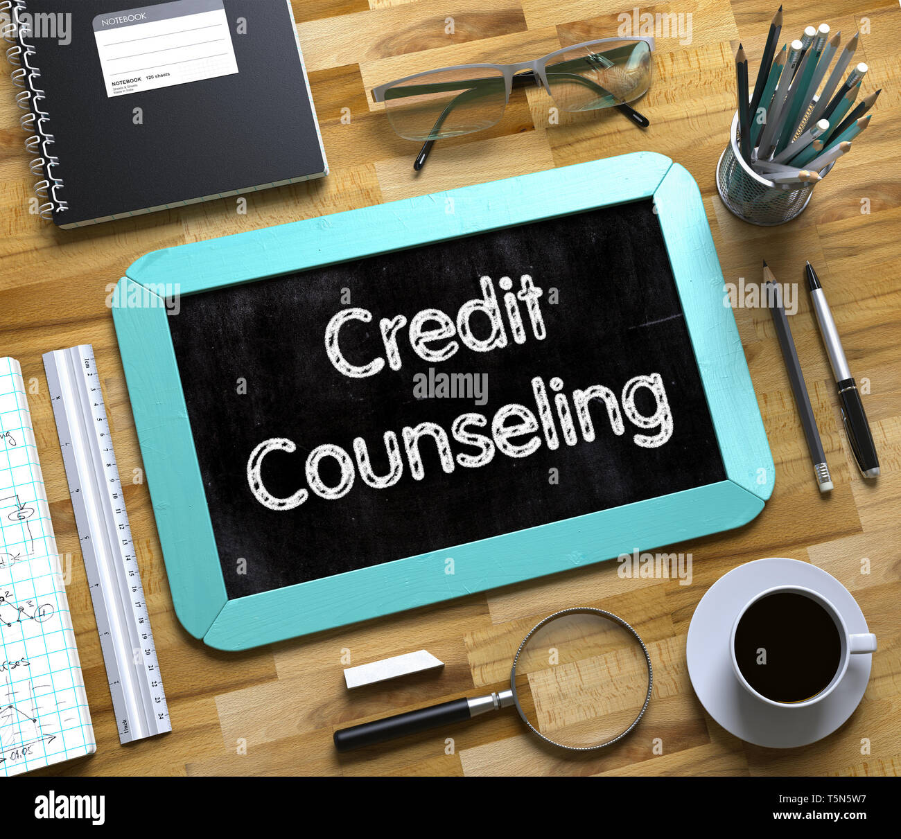 Credit Counseling - Text on Small Chalkboard.Top View of Office Desk with Stationery and Mint Small Chalkboard with Business Concept - Credit Counseli Stock Photo