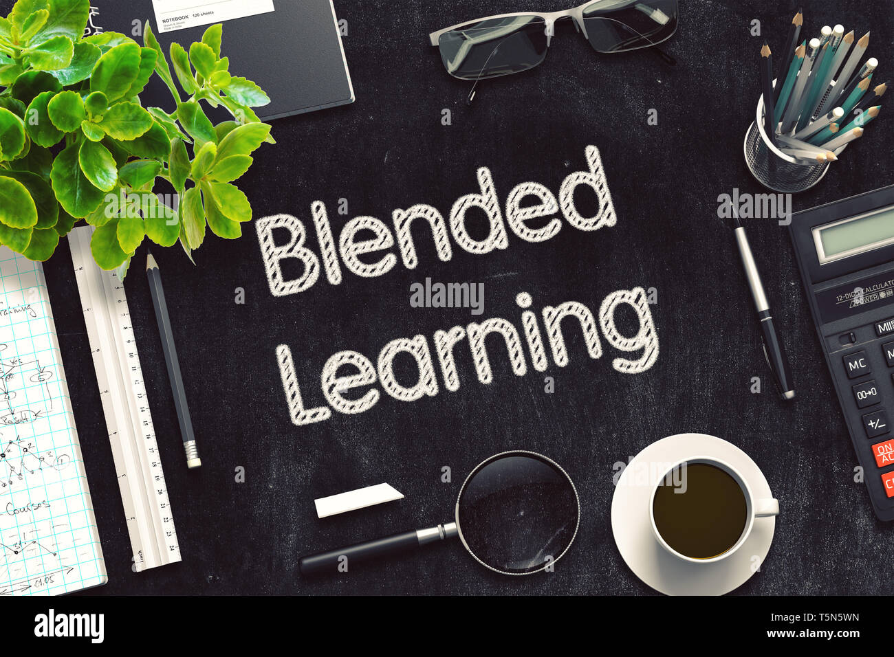 Blended Learning Concept on Black Chalkboard. 3d Rendering. Toned Illustration. Stock Photo