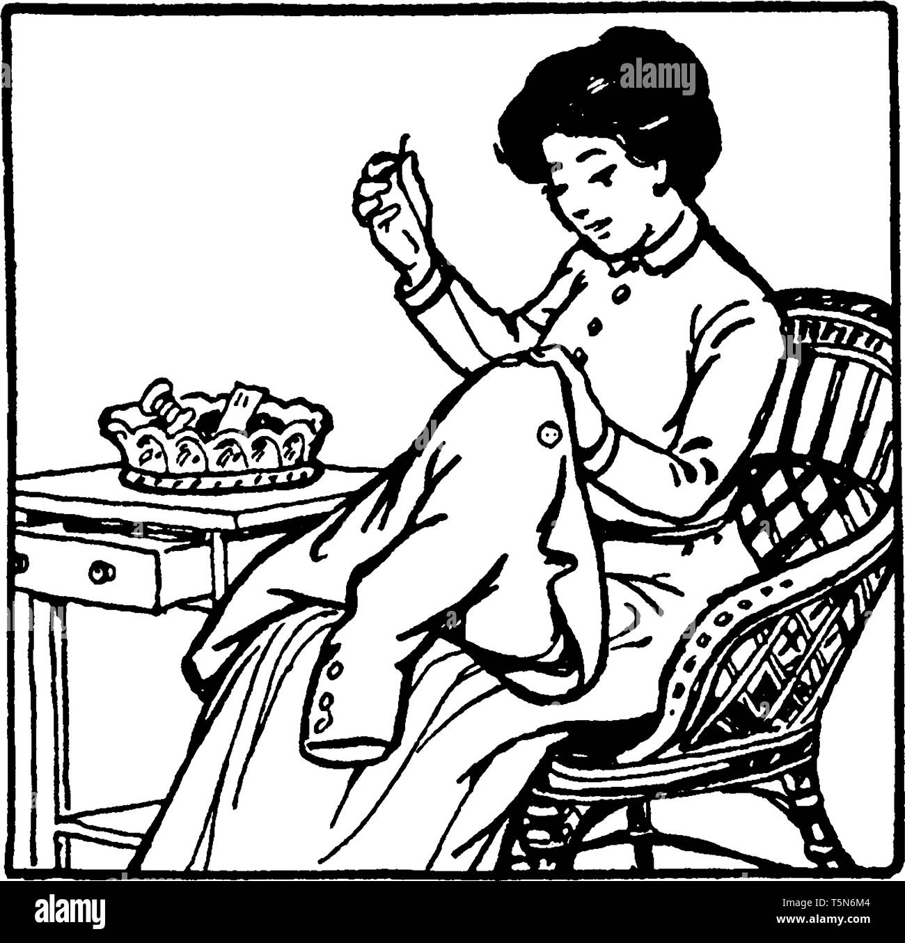A woman sitting in a chair and sewing clothes, vintage line drawing or