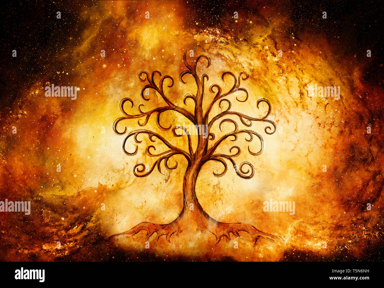 tree of life symbol on structured and space background, yggdrasil Stock
