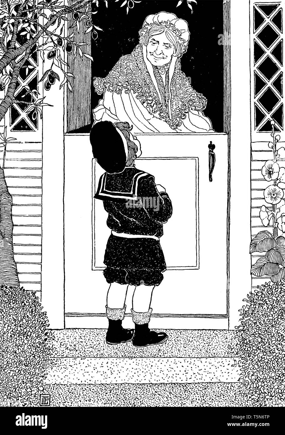 A Boy Looking At Old Woman At Door Vintage Line Drawing Or Engraving Illustration Stock Vector Image Art Alamy