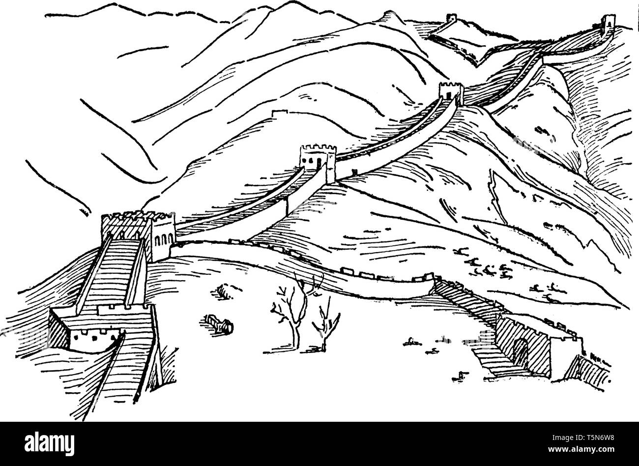 Great Wall Of China Which Is Feet High 40 Feet Wide 800 Miles Long Vintage Line Drawing Or Engraving Illustration Stock Vector Image Art Alamy