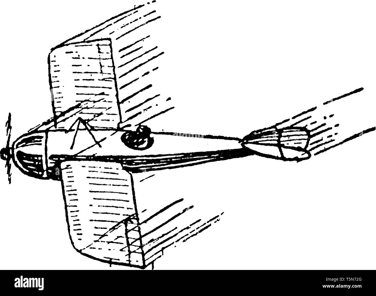Airplane Sideslip Flying enters sideslip by lowering the wing and rudder while increasing speed, vintage line drawing or engraving illustration. Stock Vector