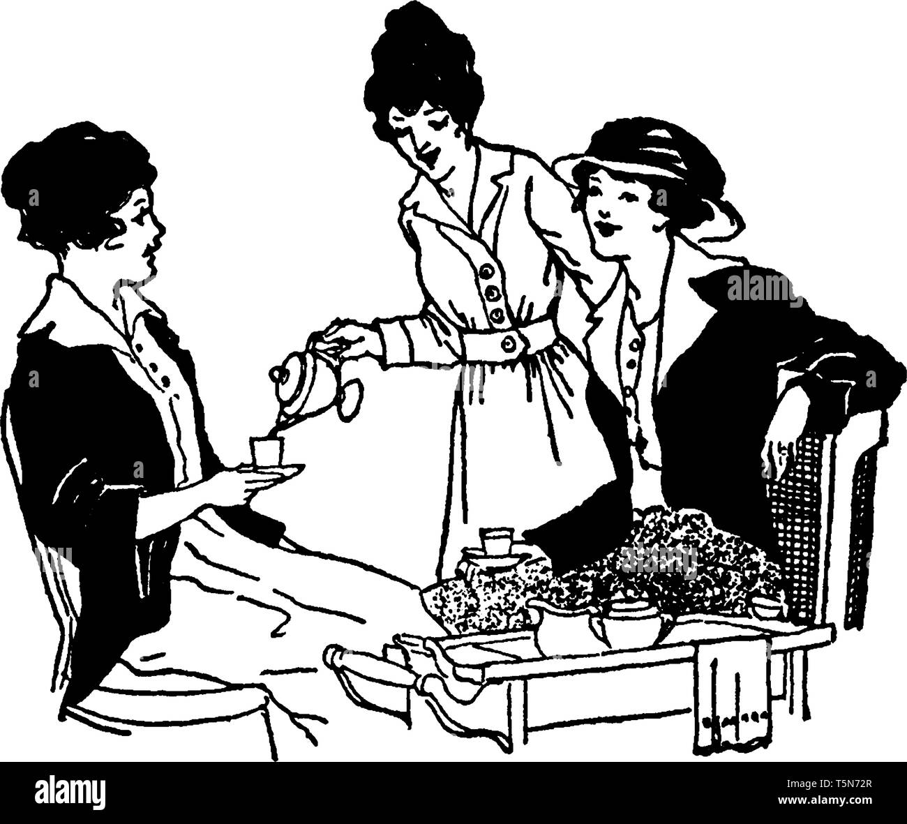 Two women sitting at table and another woman serving tea to them, vintage line drawing or engraving illustration Stock Vector