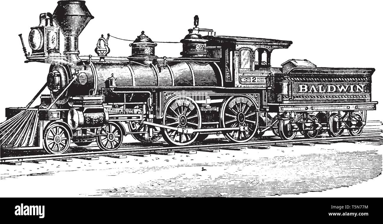 Baldwin engine works was an American builder of railroad locomotives, vintage line drawing or engraving illustration. Stock Vector
