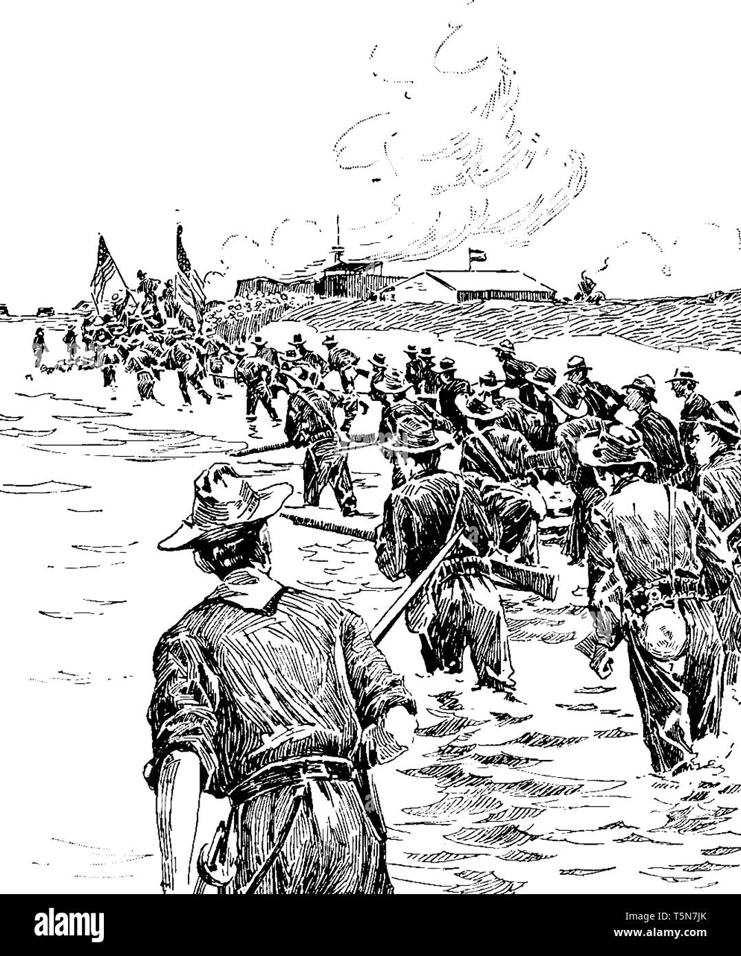 The Capture of Manila waged war with the Spaniards and Filipinos in the Spanish American War and the Philippine American War, vintage line drawing or  Stock Vector