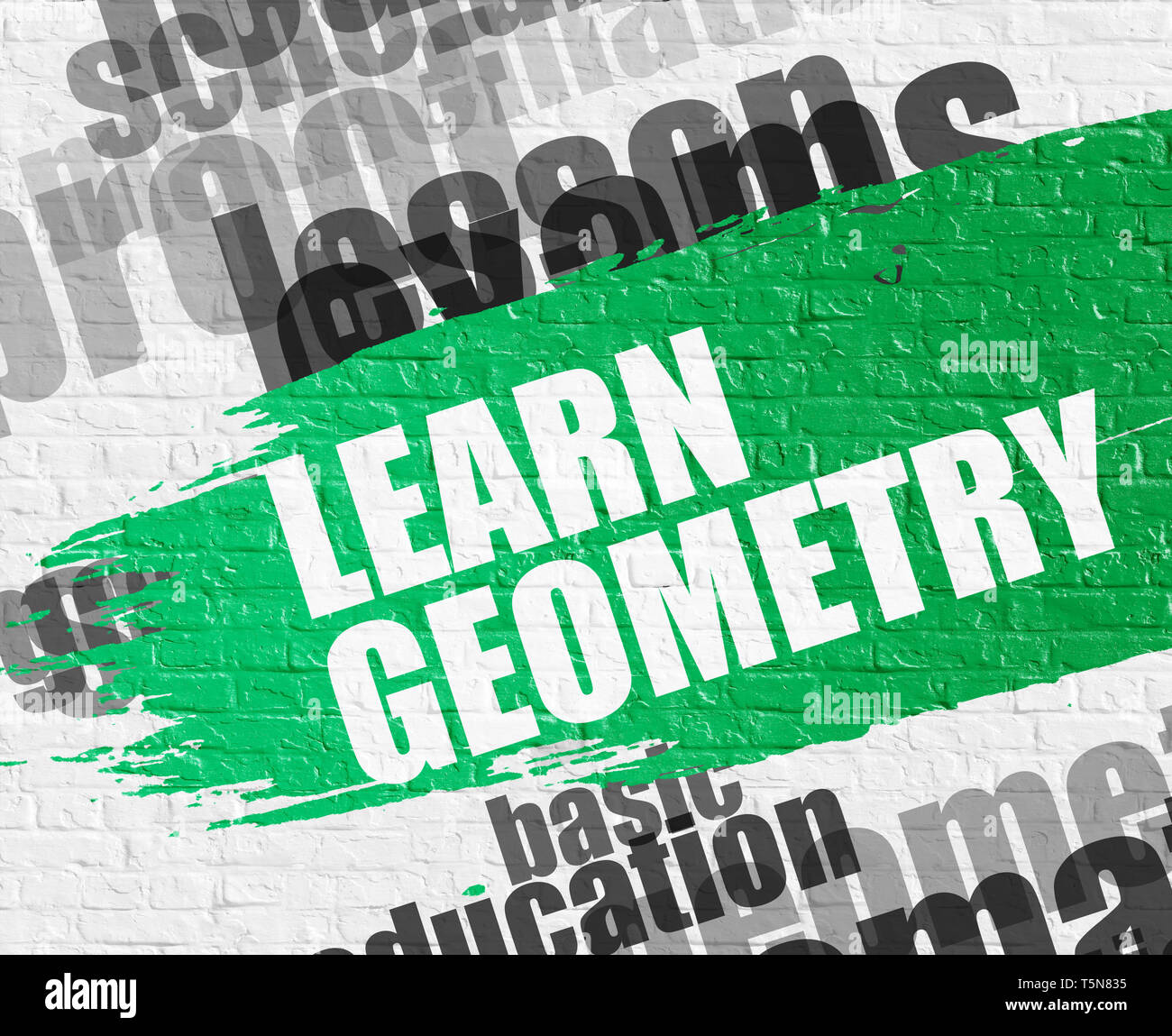 Business Education Concept: Learn Geometry on the White Brick Wall Background with Wordcloud Around It. Learn Geometry - on Brick Wall with Word Cloud Stock Photo