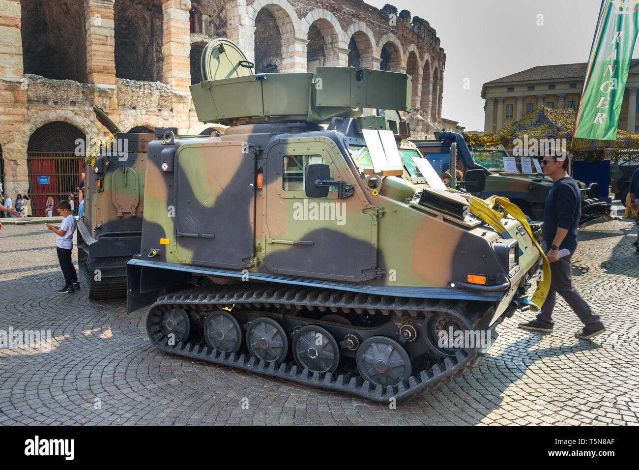 Verona, Italy - October 20, 2018: Bandvagn 206 is tracked articulated, all-terrain carrier developed by Hagglunds at open military exhibition on Piazz Stock Photo