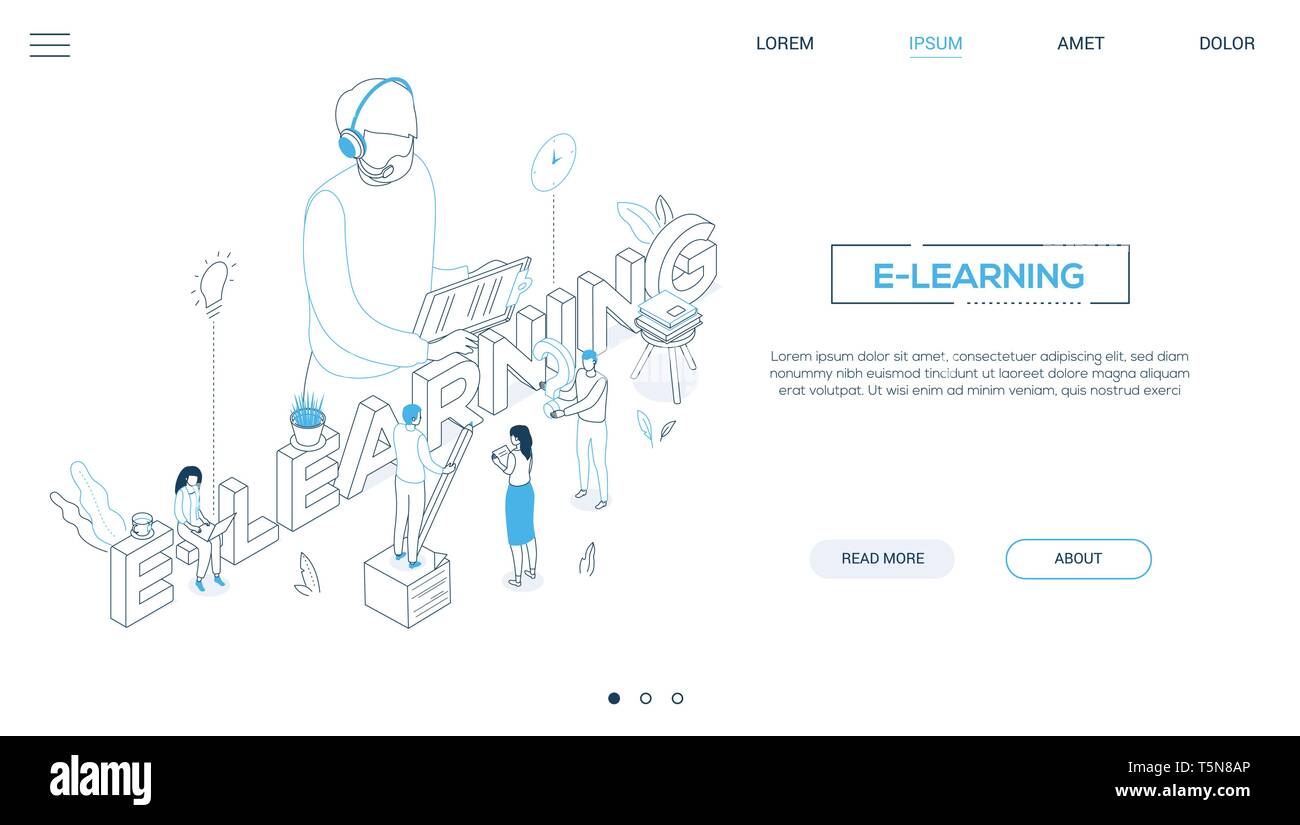 E-learning concept - line design style isometric web banner Stock ...