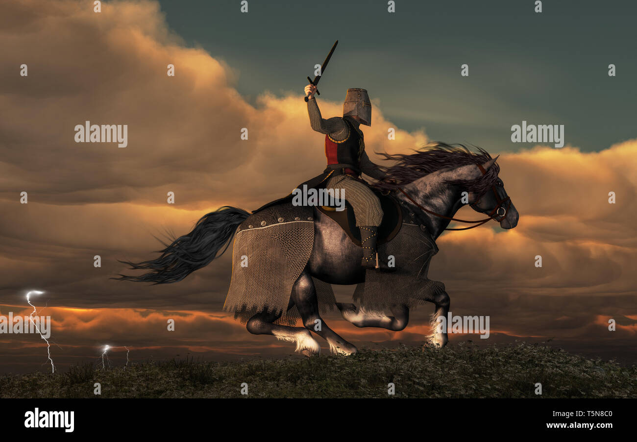 A knight on horseback charges across a field as storm in the background ...