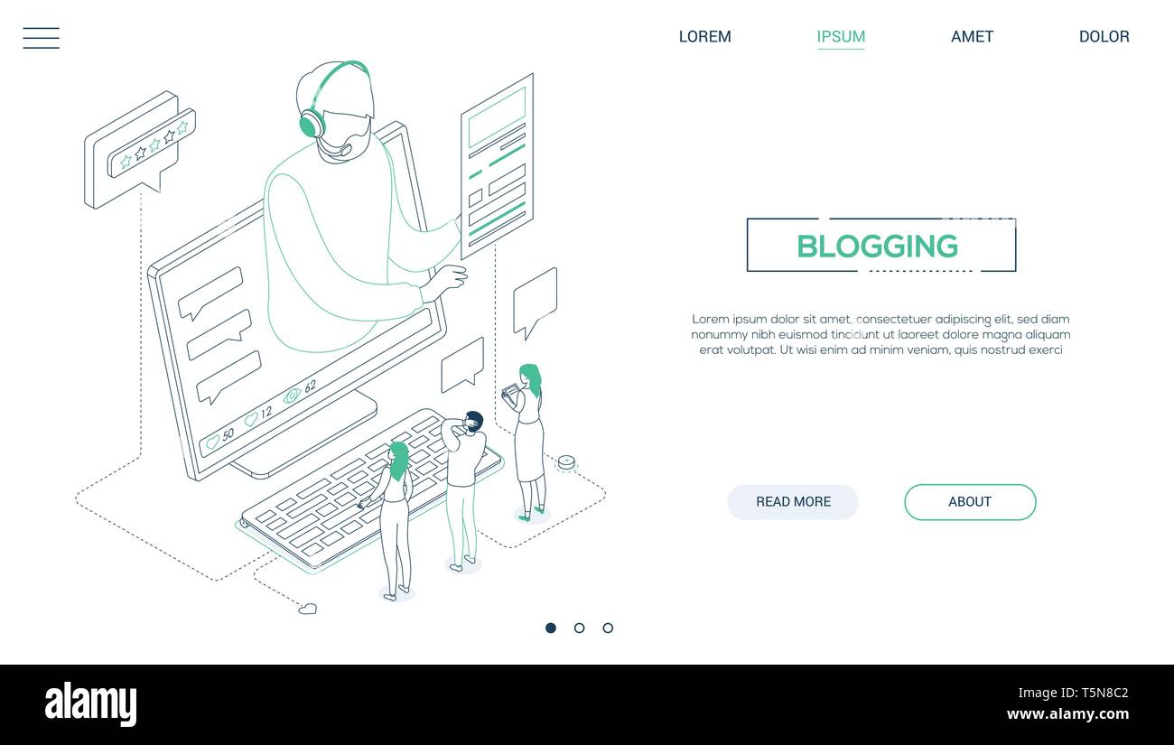 Blogging - line design style isometric web banner Stock Vector