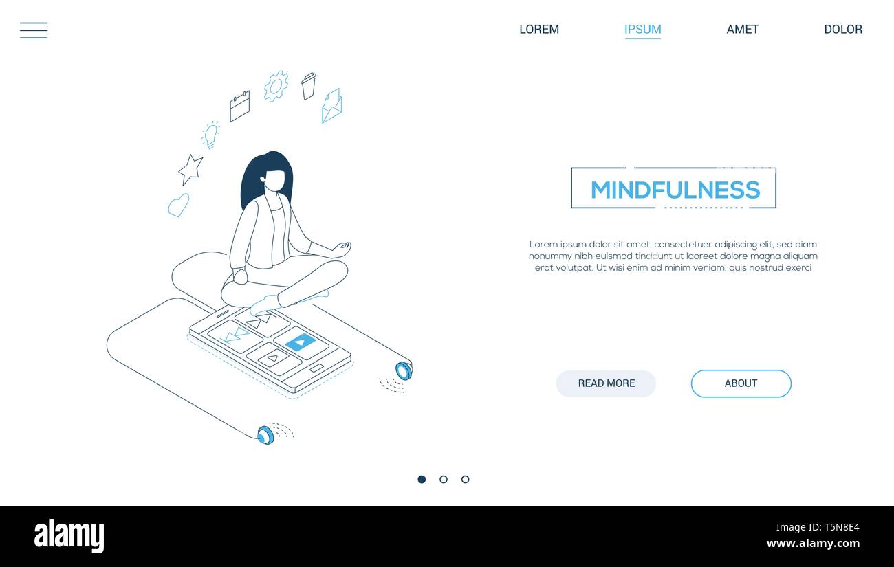 Mindfulness - line design style isometric web banner Stock Vector
