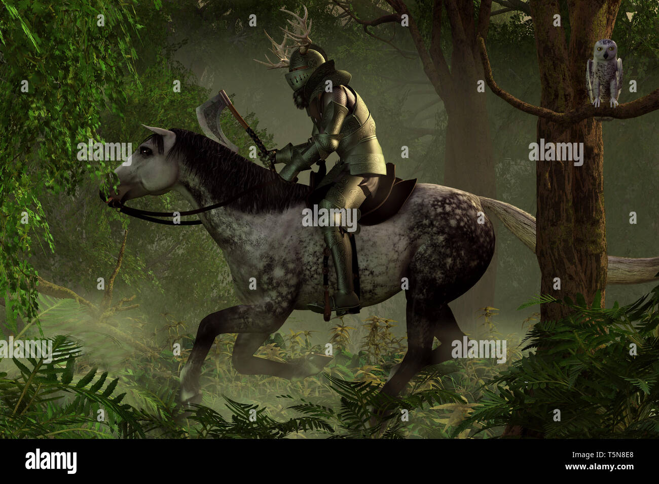 A armored medieval knight, axe in hand, and with a helmet decorated