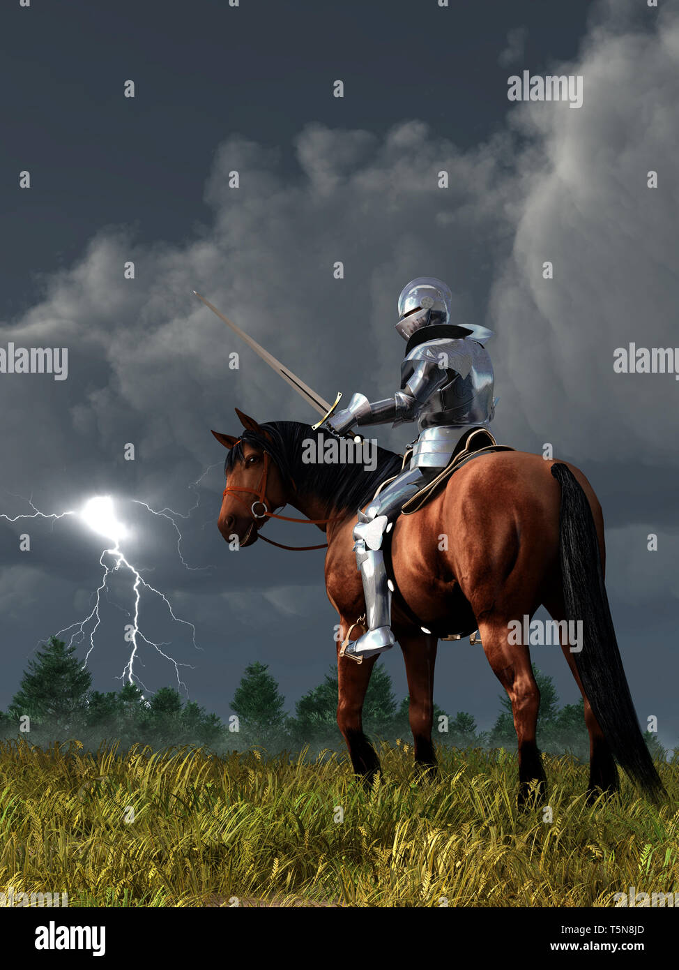 A knight on horseback in shining armor looks down at the sword in his hand as lightning strikes off in the distance.  His horse looks back, worried. Stock Photo