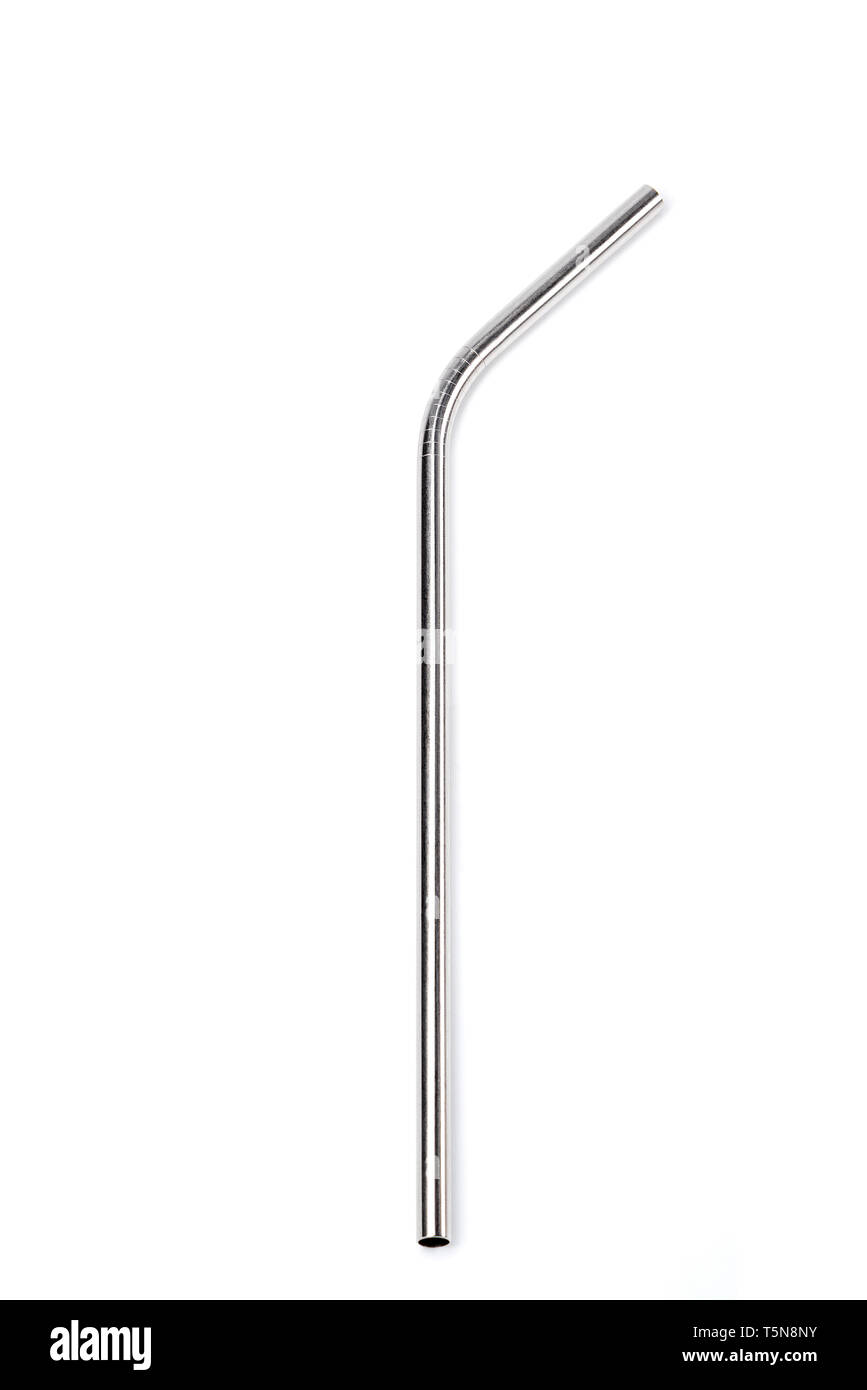 Curved Ecological stainless steel straw on a white background for multiple use. Stock Photo