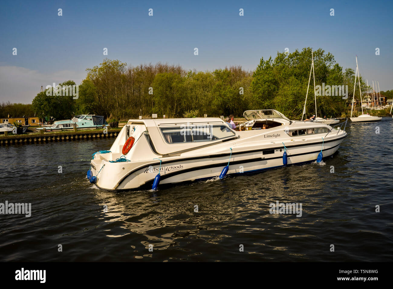 A typical Norfolk Broads hire boat available to let for Norfolk Broads