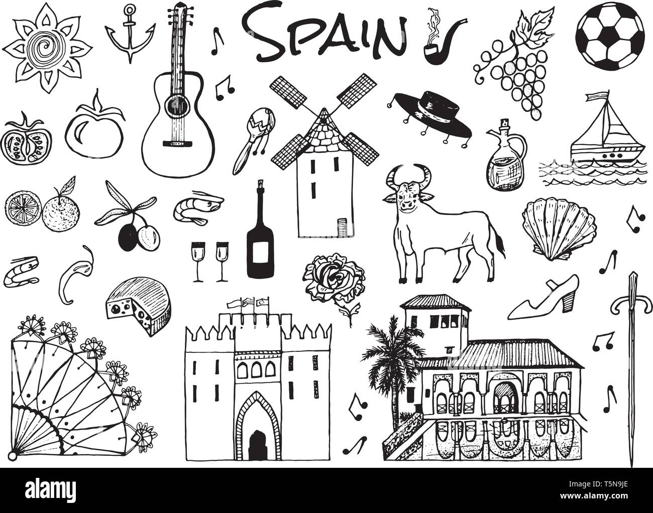 Spanish traditional symbols and objects. Set of signs and icons in vintage style. Hand Drawn. Guitar, futbol, music and wine. Stock Vector