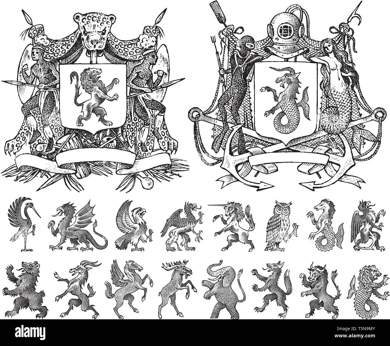 Heraldry in vintage style. Engraved coat of arms with animals, birds, mythical creatures, fish, dragon, unicorn, lion. Medieval Emblems and the logo Stock Vector