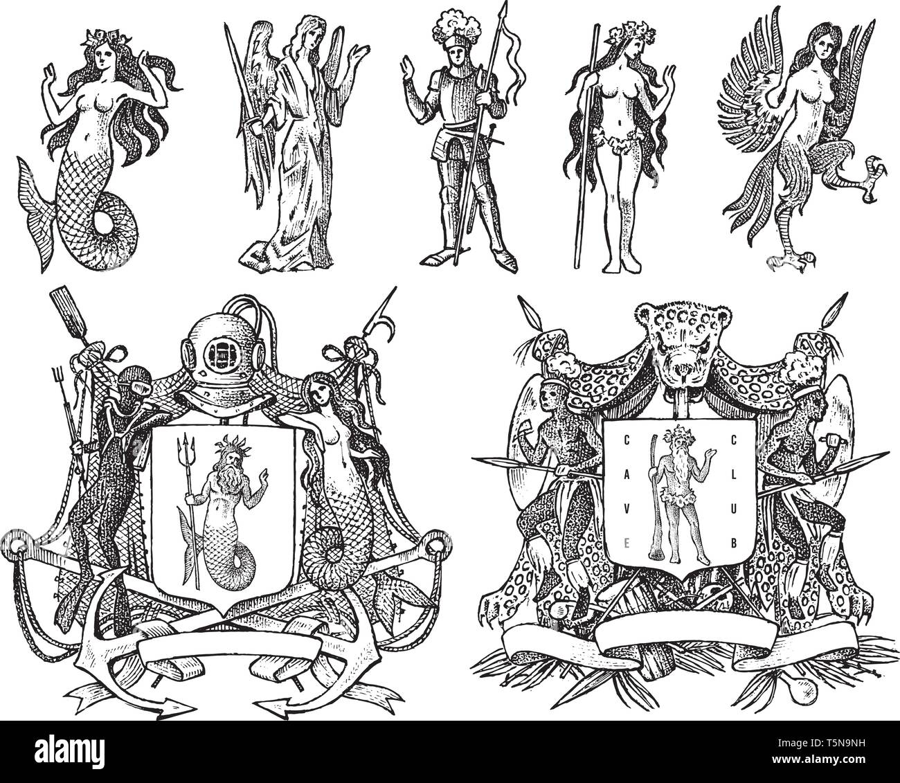 Heraldry in vintage style. Engraved coat of arms with animals, birds, mythical creatures, fish, dragon, unicorn, lion. Medieval Emblems and the logo Stock Vector