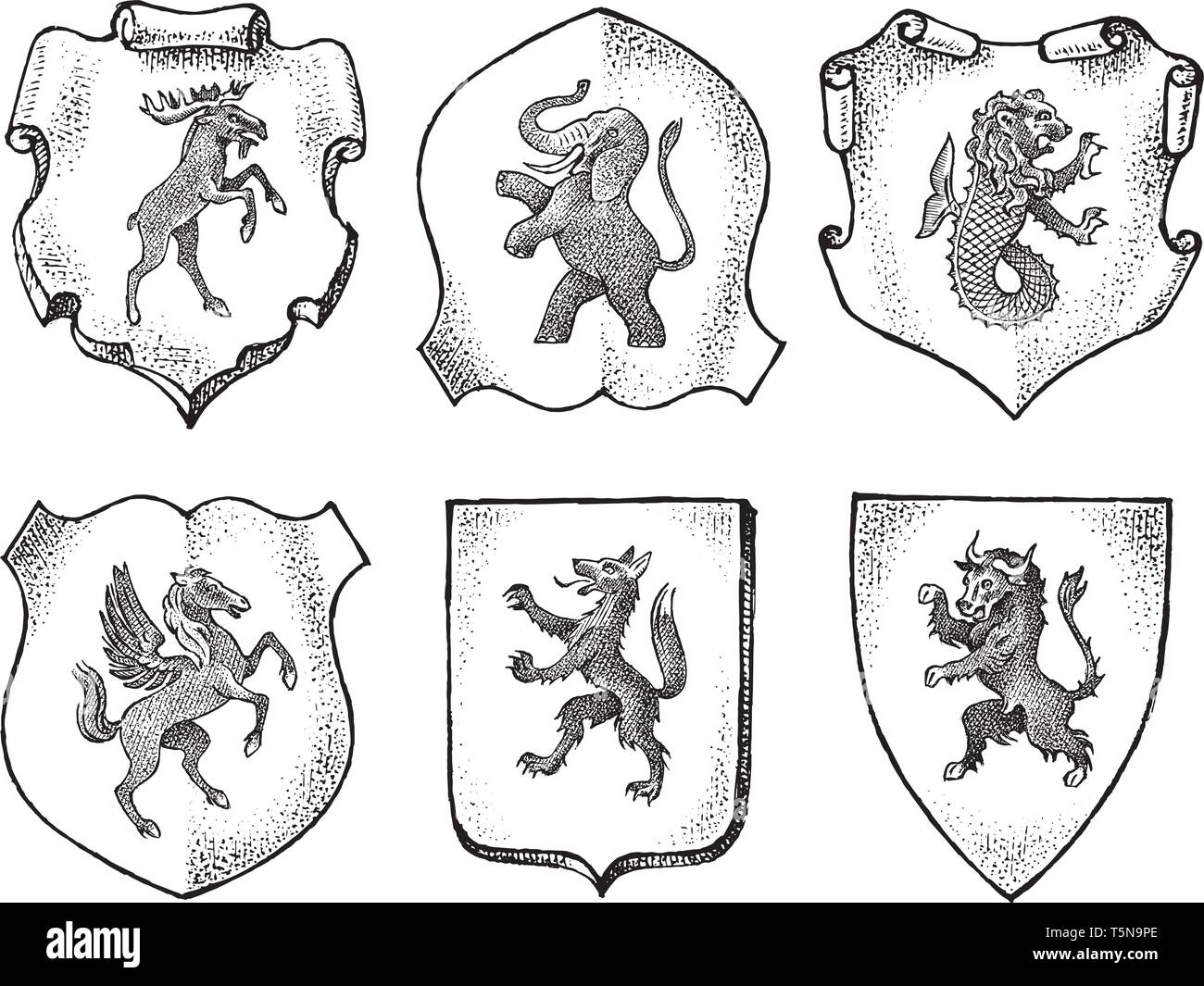 Heraldry in vintage style. Engraved coat of arms with animals, birds,  mythical creatures, fish, dragon, unicorn, lion. Medieval Emblems and the  logo Stock Vector Image & Art - Alamy