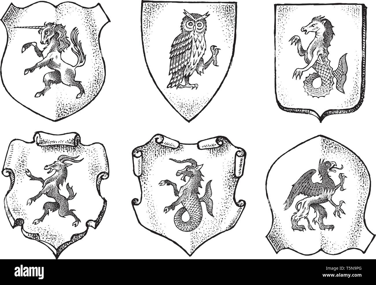 Heraldry in vintage style. Engraved coat of arms with animals, birds, mythical creatures, fish. Medieval Emblems and the logo of the fantasy kingdom. Stock Vector