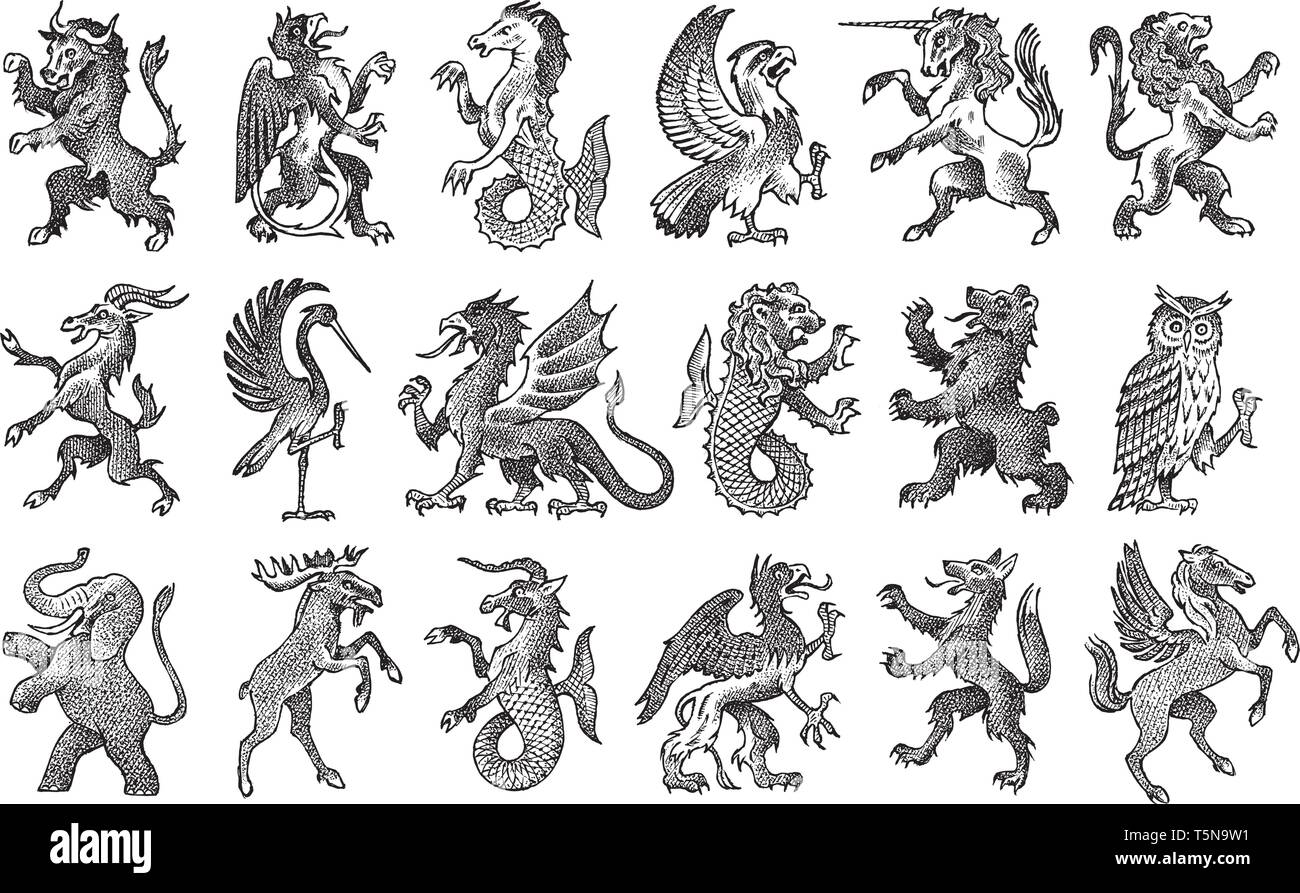 Animals for Heraldry in vintage style. Engraved coat of arms with birds, mythical creatures, fish, dragon, unicorn, lion. Medieval Emblems and the Stock Vector