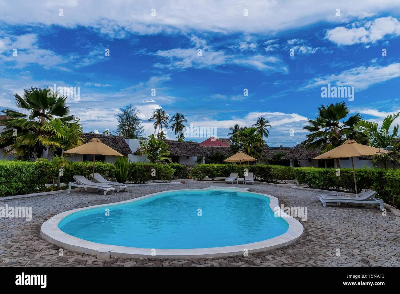 outdoor swimming pool with palm trees, sun umbrellas and sun beds on a sunny day Stock Photo