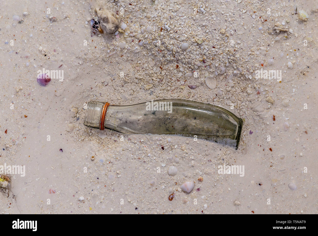 An empty glass bottle without a cap lies on the sand in the water on the beach like trash Stock Photo