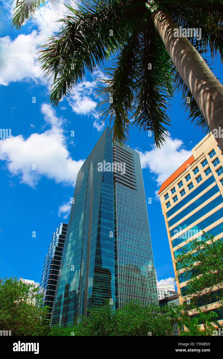 Miami Downtown, a skyscraper in a bright blue sky. Stock Photo