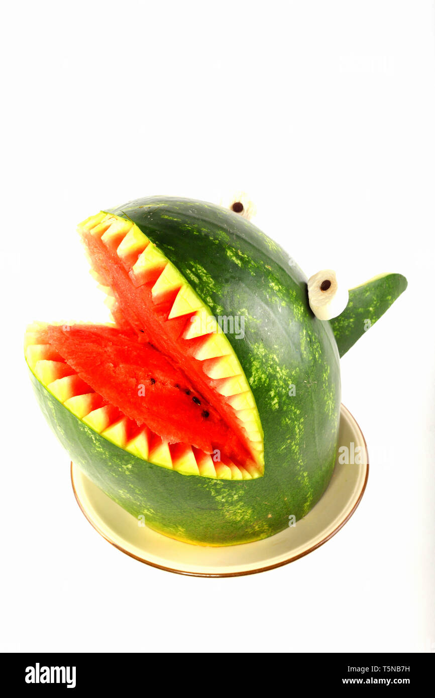 Watermelon shark Shark carved out of a watermelon Stock Photo Alamy