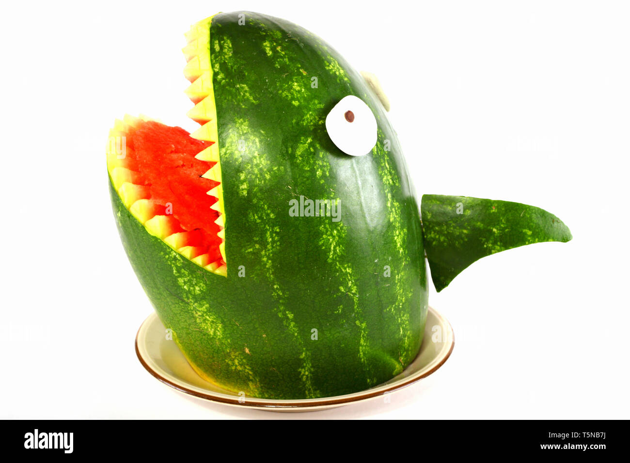 Watermelon shark - Shark carved out of a watermelon Stock Photo