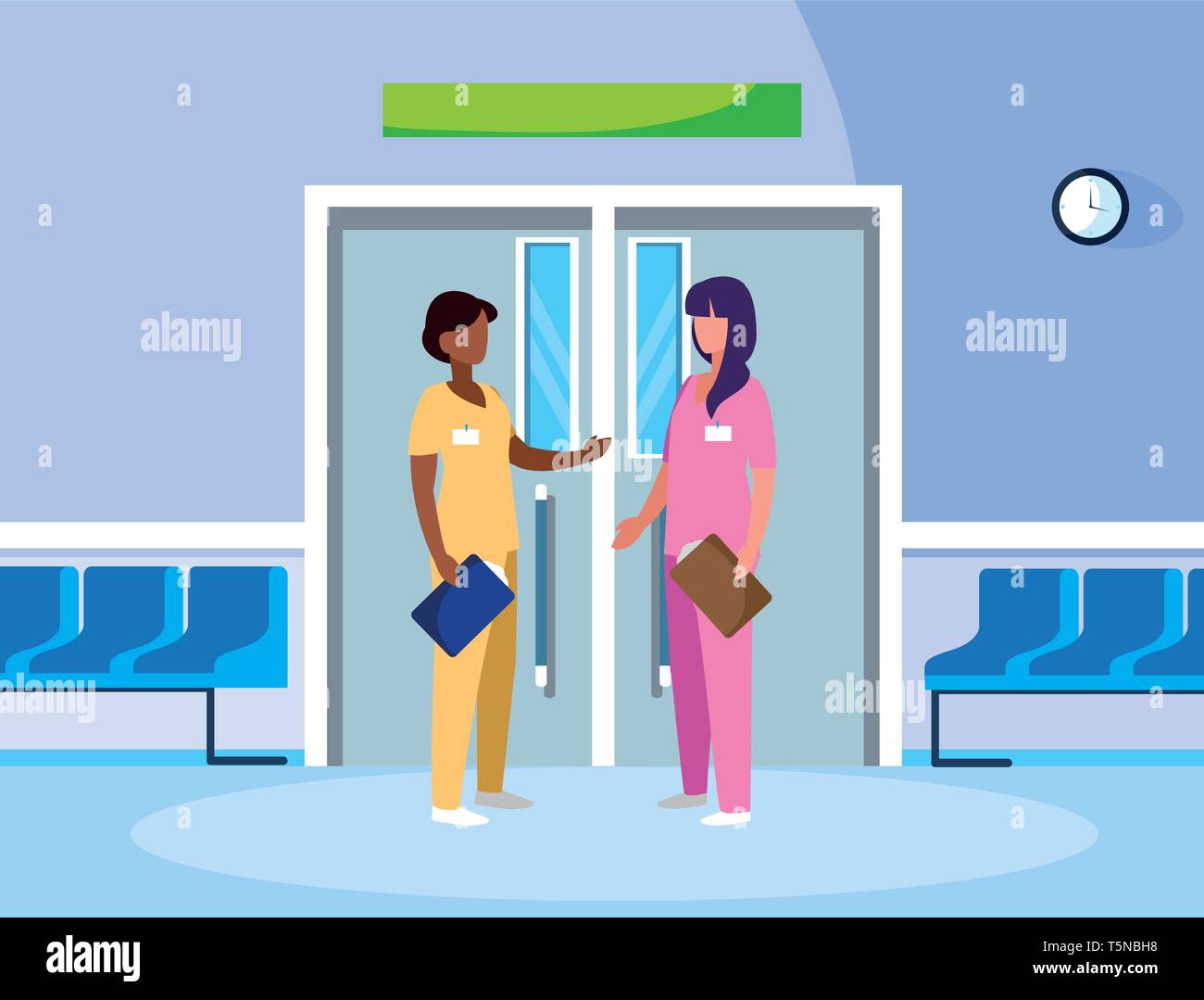 interracial female medicine workers in elevator door vector illustration design Stock Vector