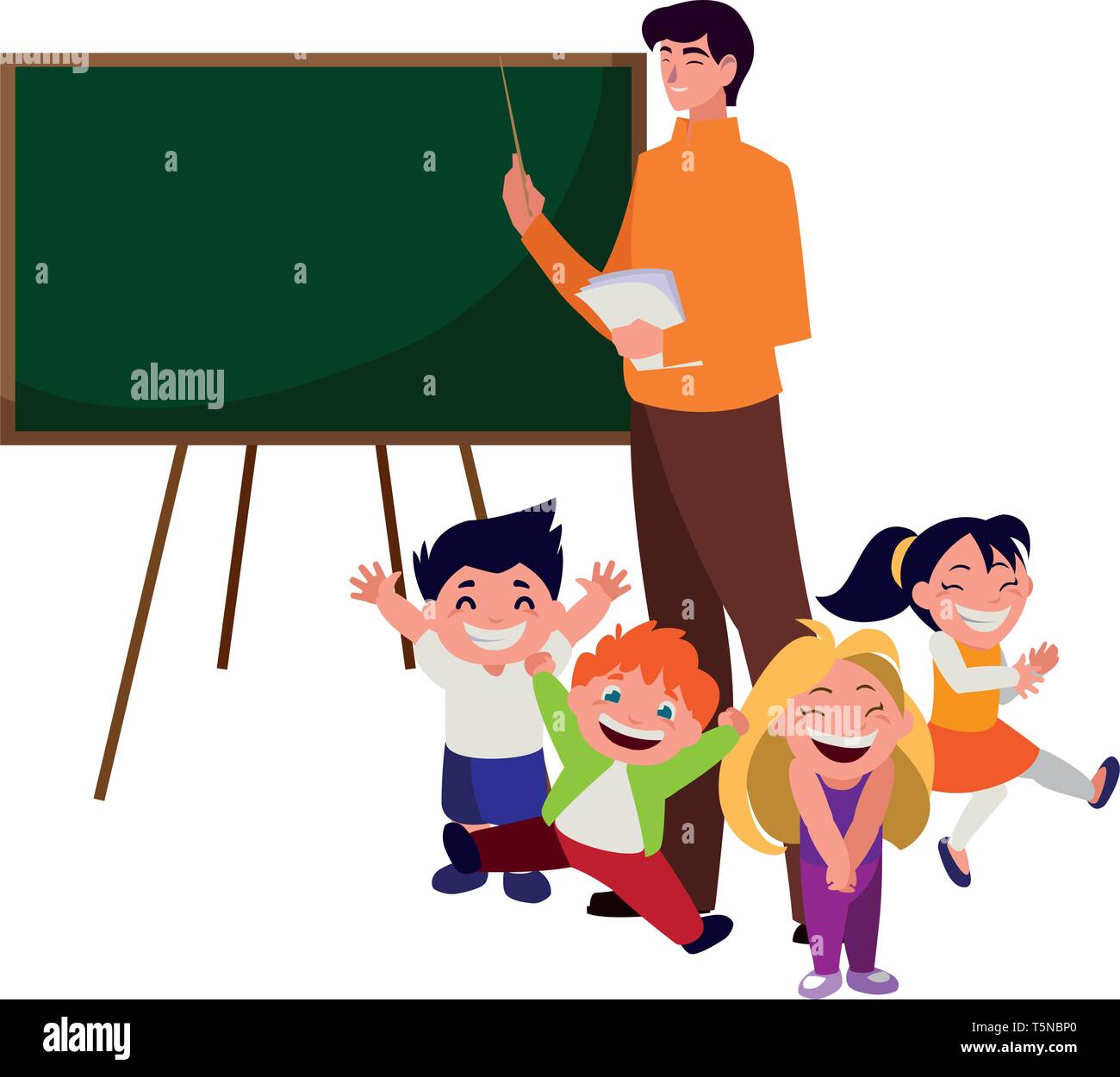 teacher male with kids students and chalkboard vector illustration ...