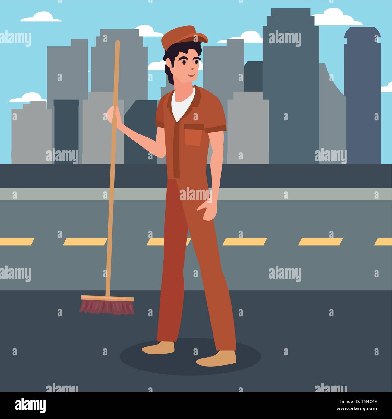 street sweeper with broom city labour day vector illustration Stock