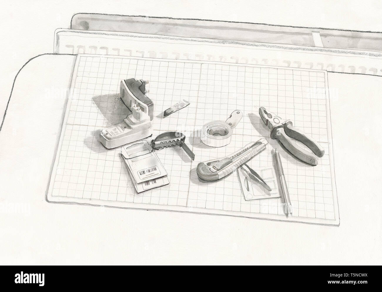 Assorted tools and paper Stock Photo Alamy