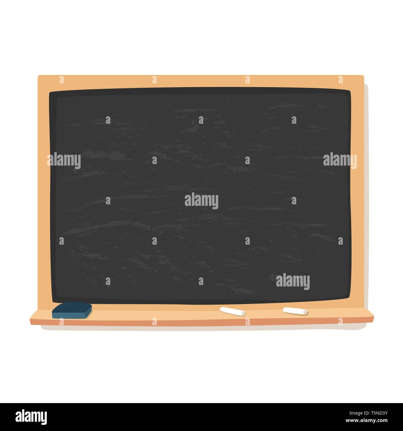 Blank black blackboard, chalk, and eraser school supplies vector illustration isolated on white background. Stock Vector