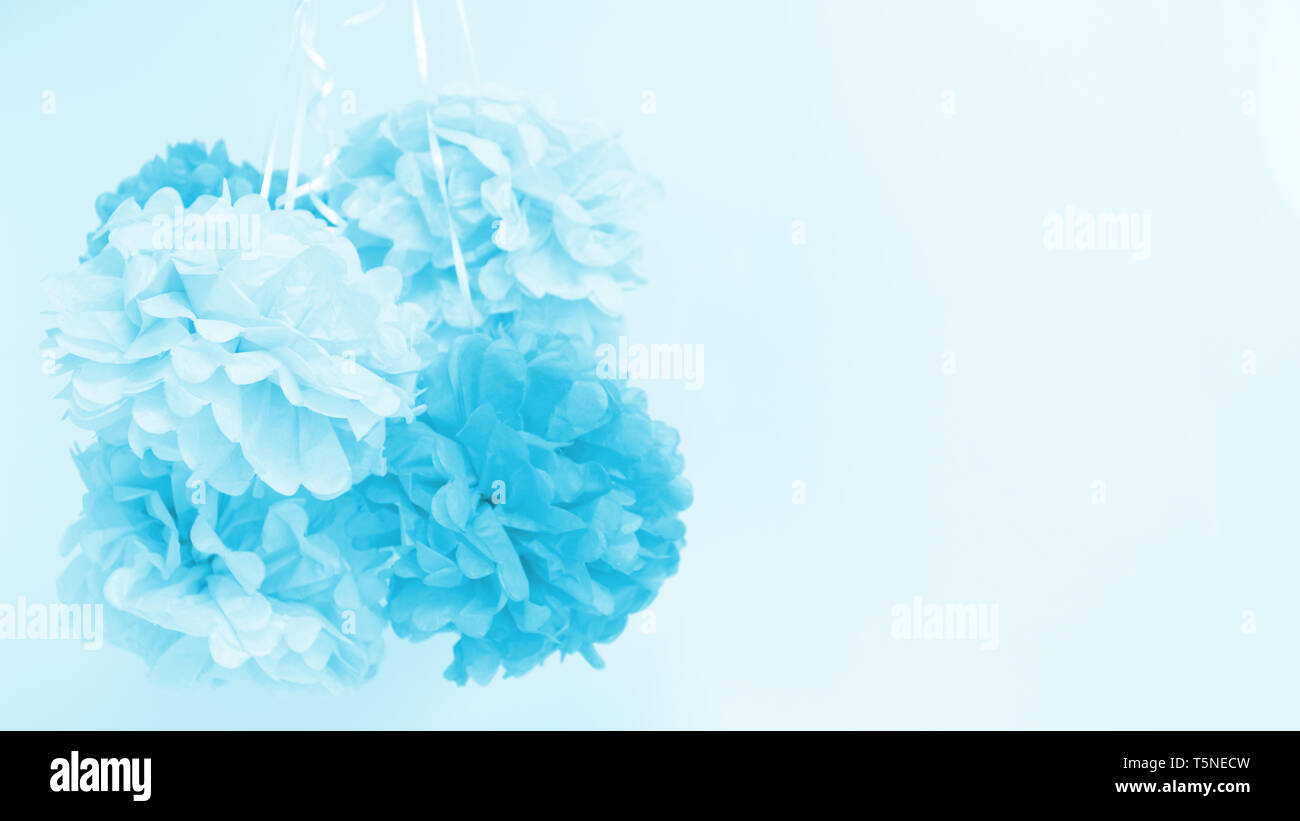 Paper flowers at the boy baby shower party. Baby shower celebration