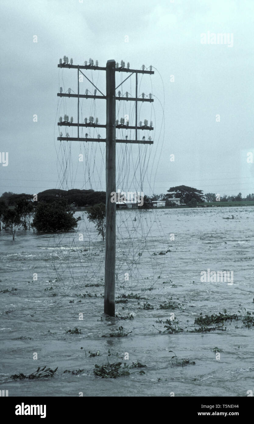 DANGEROUS POWER LINES INDICATE HEIGHT OF WATER DURING FLOODING, NEW SOUTH WALES, AUSTRALIA Stock Photo